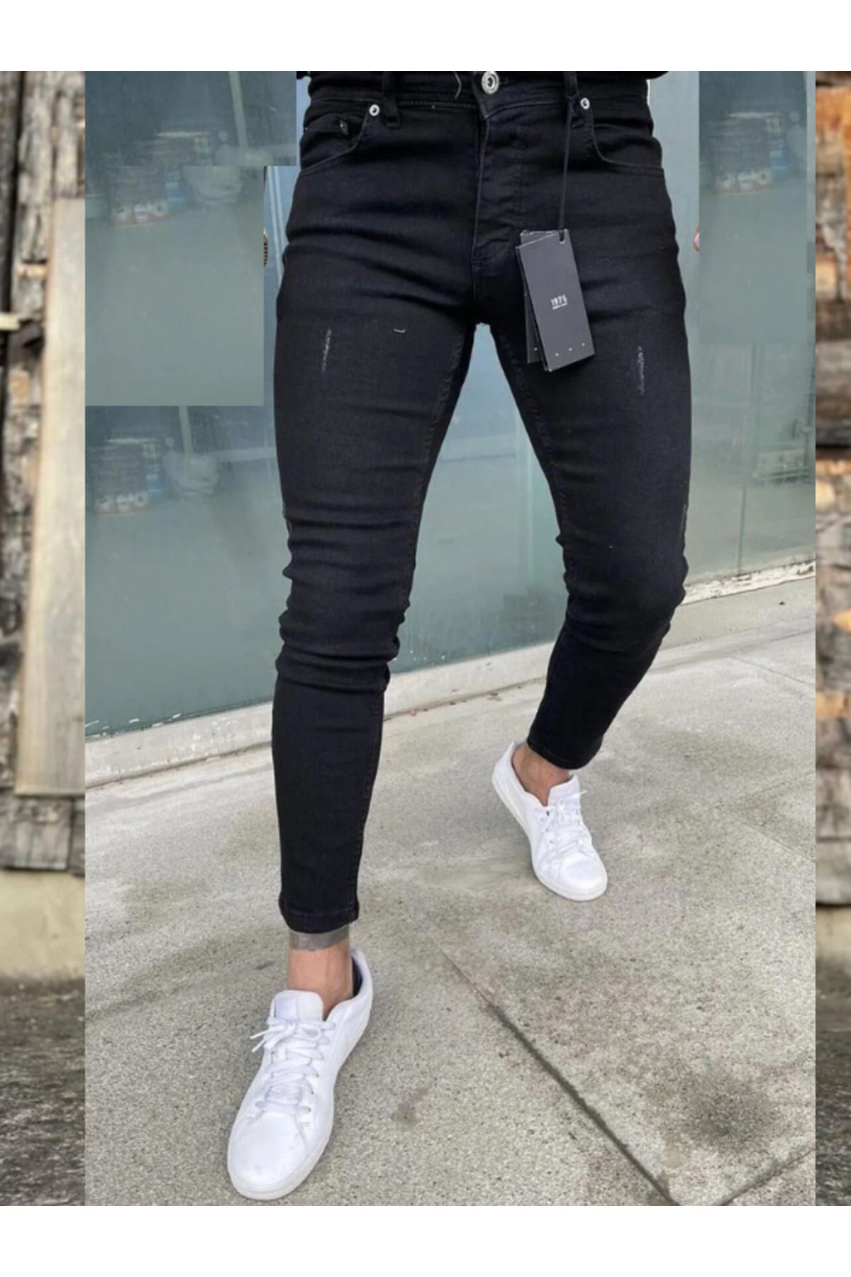 BY SRT Erkek Taşlamalı Yırtıklı Siyah Slim Fit Likralı Kot Pantolon