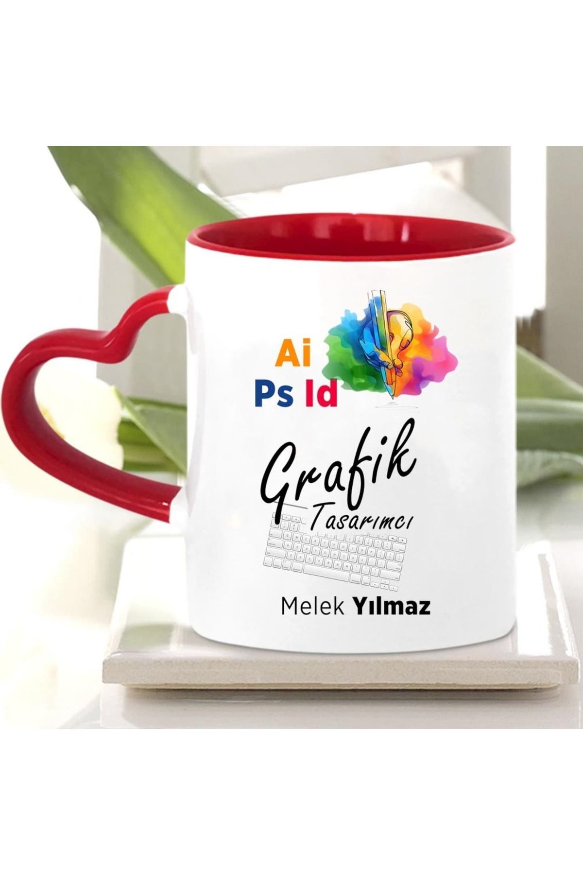 Home Kişiye Özel Tasarım Grafik Tasarımcı Özel İçi Kırmızı Kulpu Porselen Kalp Kupa Bardak