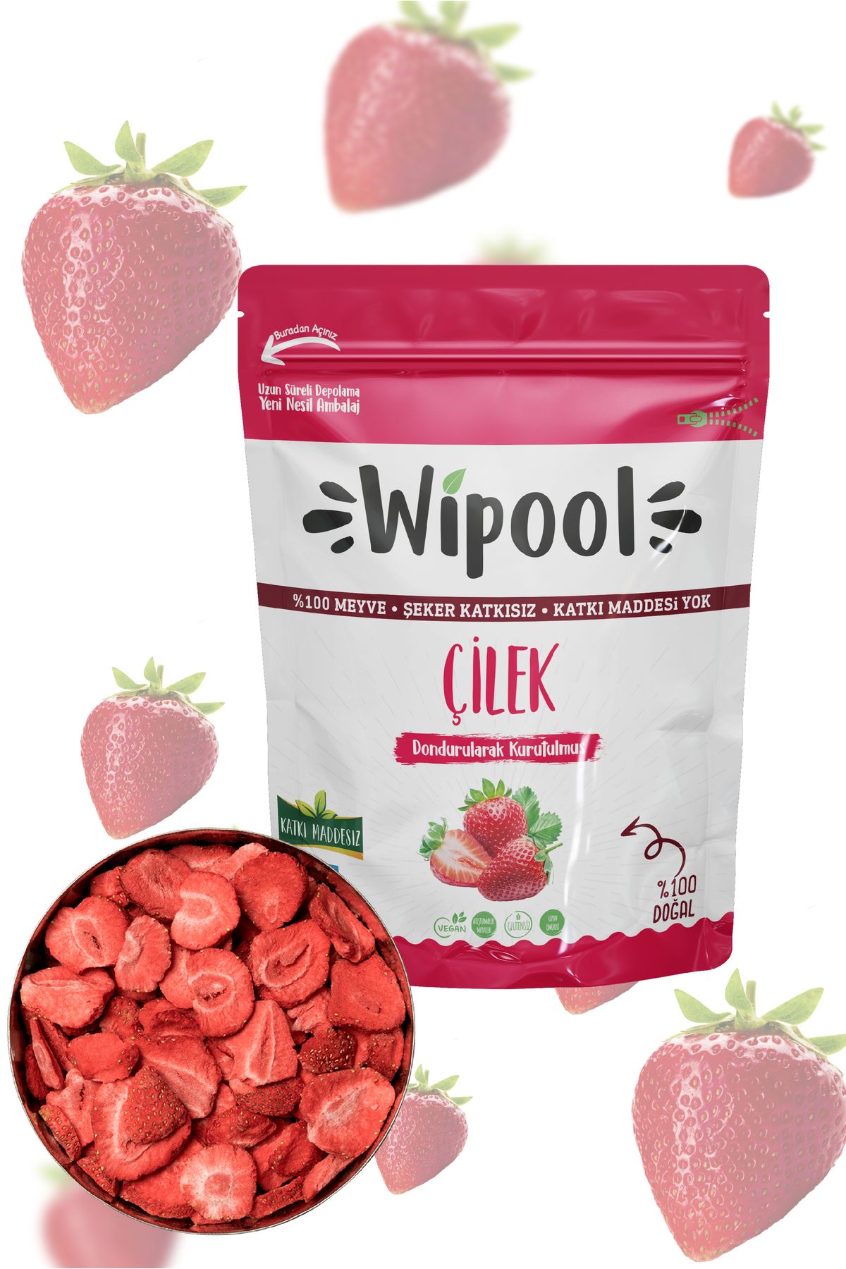 wipool organic discover the healthy life Wipool Dondurularak Kurutulmuş Meyve 3'lü Paket Çilek - Freeze Dried Meyve