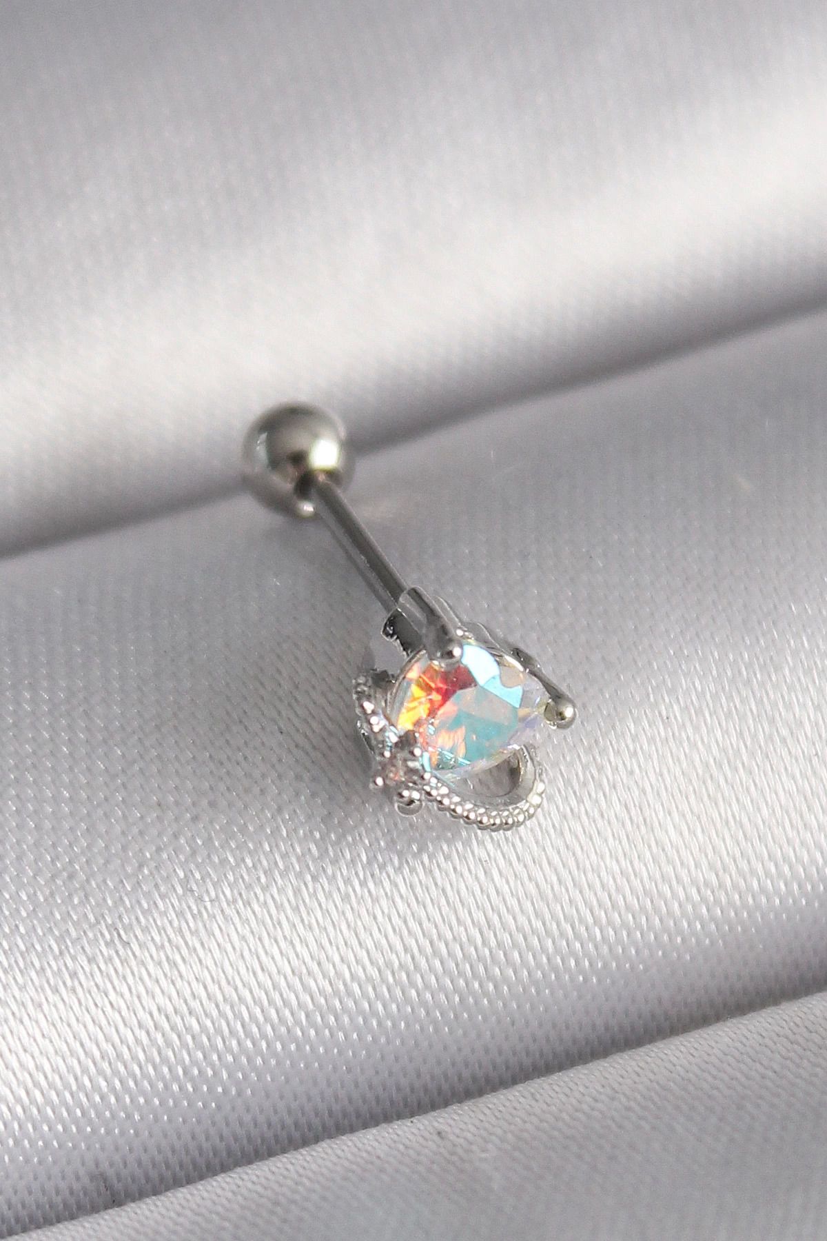 Ekince 316L Çelik Gümüş Renk Zirkon Taşlı Kalp Tragus Piercing