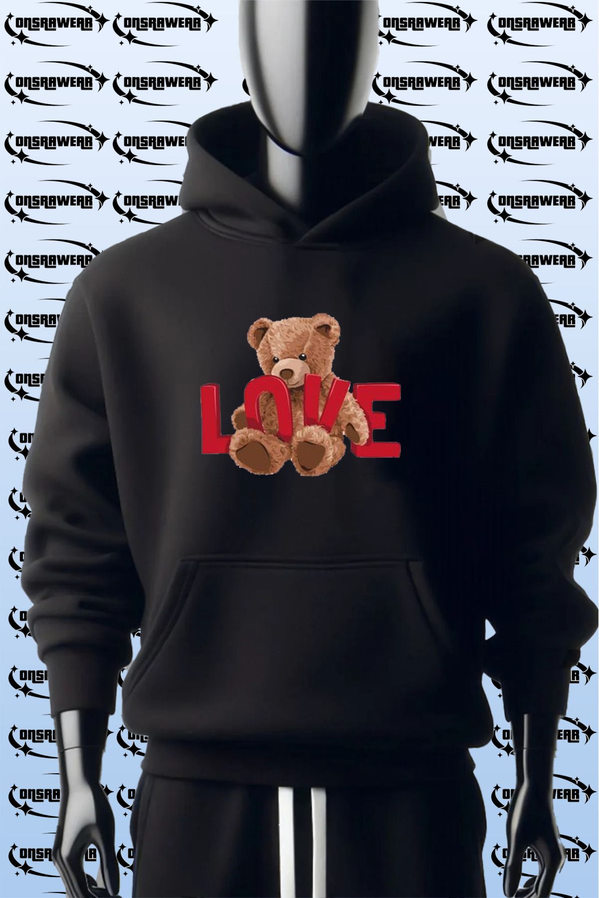 MODA Aşk Sevgili Sevimli Ayıcık LOVE Baskılı %100 Pamuk 3 İplik Kalın Şardonlu Kanguru Cepli Sweatshirt