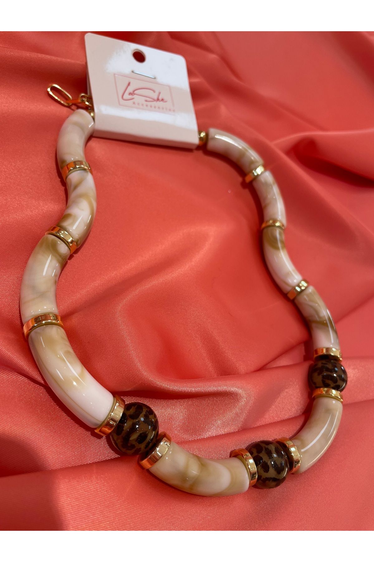 Poison Accessories-Cream Marble Look Necklace with Leopard and Gold Details 2