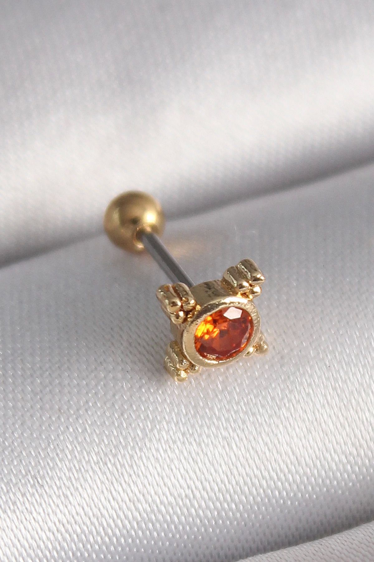 Ekince 316L Çelik Gold Renk Turuncu Zirkon Taşlı Tragus Piercing