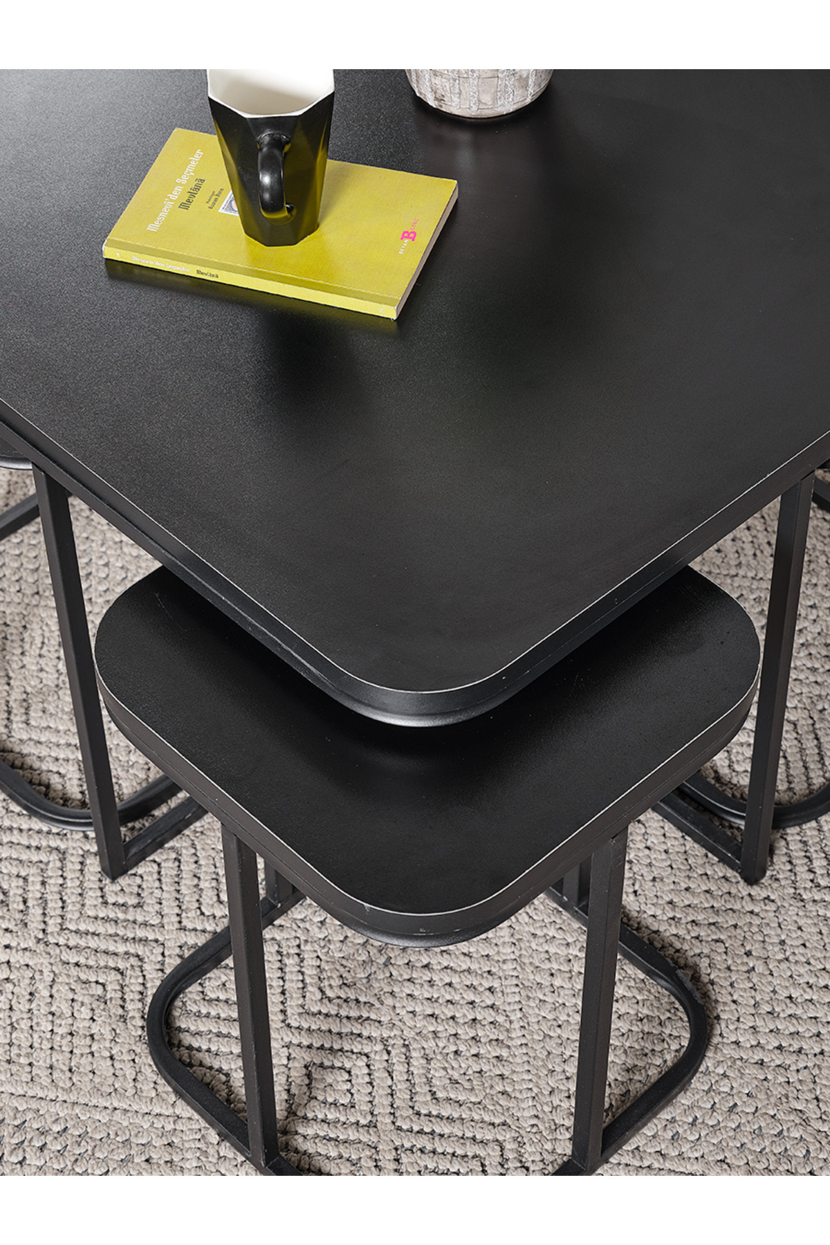 5 Li Sehpa (KURULUM GEREKTİRMEZ) 4 1 Siyah Ahşap Siyah Metal Ayak Takım Sehpa Orta Sehpa Bohem