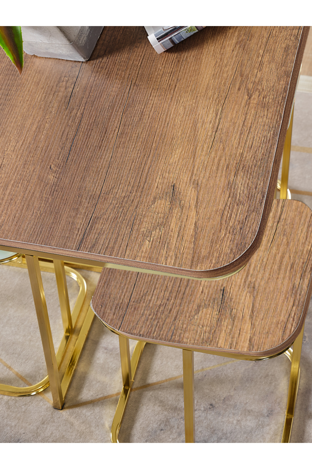 5 Li Iç Içe 4 1 Koyu Ceviz (SUNTALAM) Gold Metal Ayak Takım Sehpa Orta Sehpa Bohem