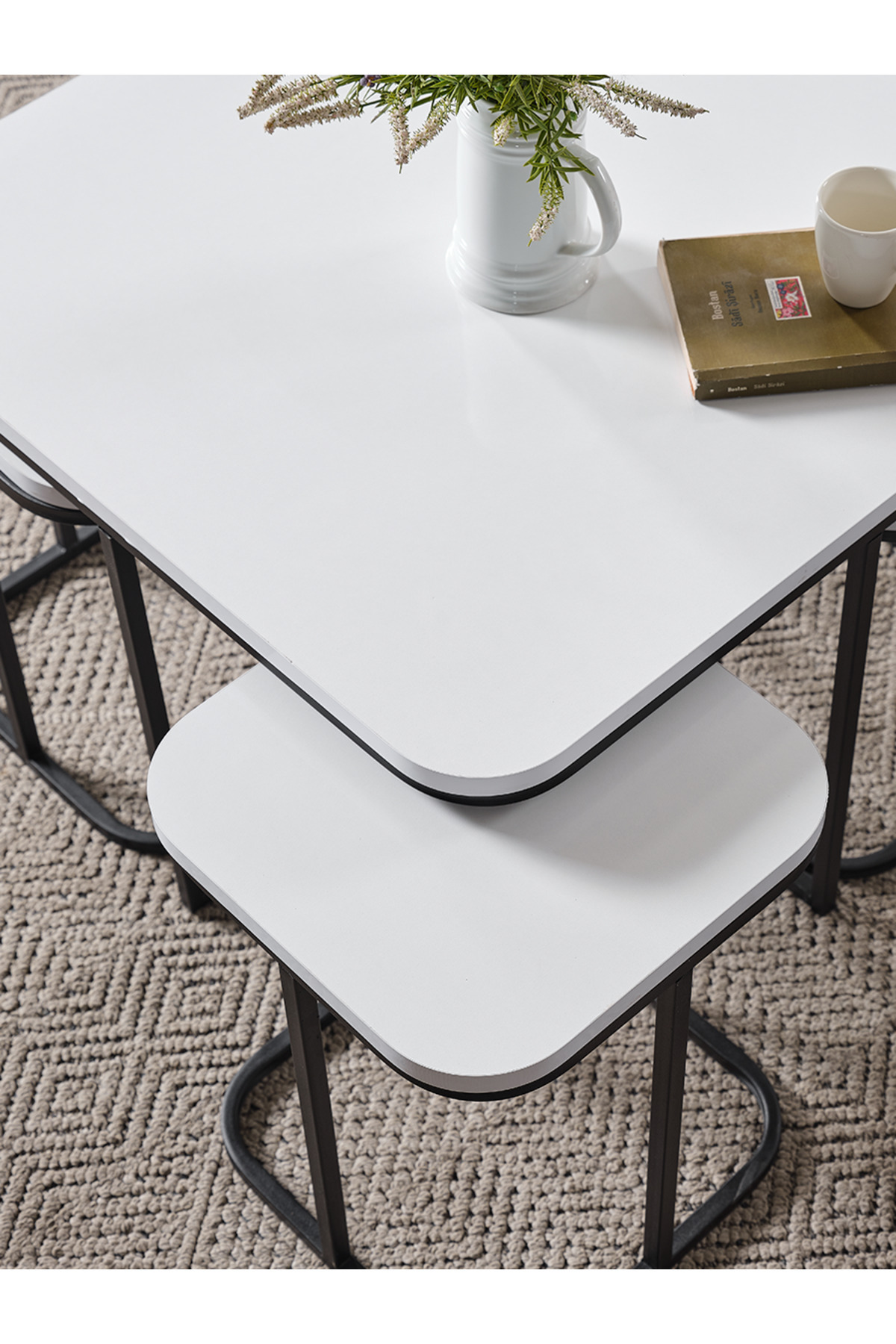 5 Li Sehpa Beyaz Ahşap Siyah Metal Ayak Takım Sehpa Orta Sehpa Bohem lüx