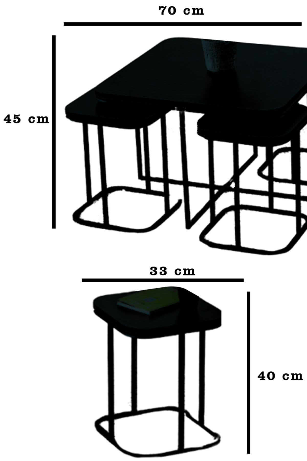 5 Li Iç Içe 4 1 Beyaz Temperli Cam Siyah Metal Ayak Takım Sehpa Orta Sehpa Bohem