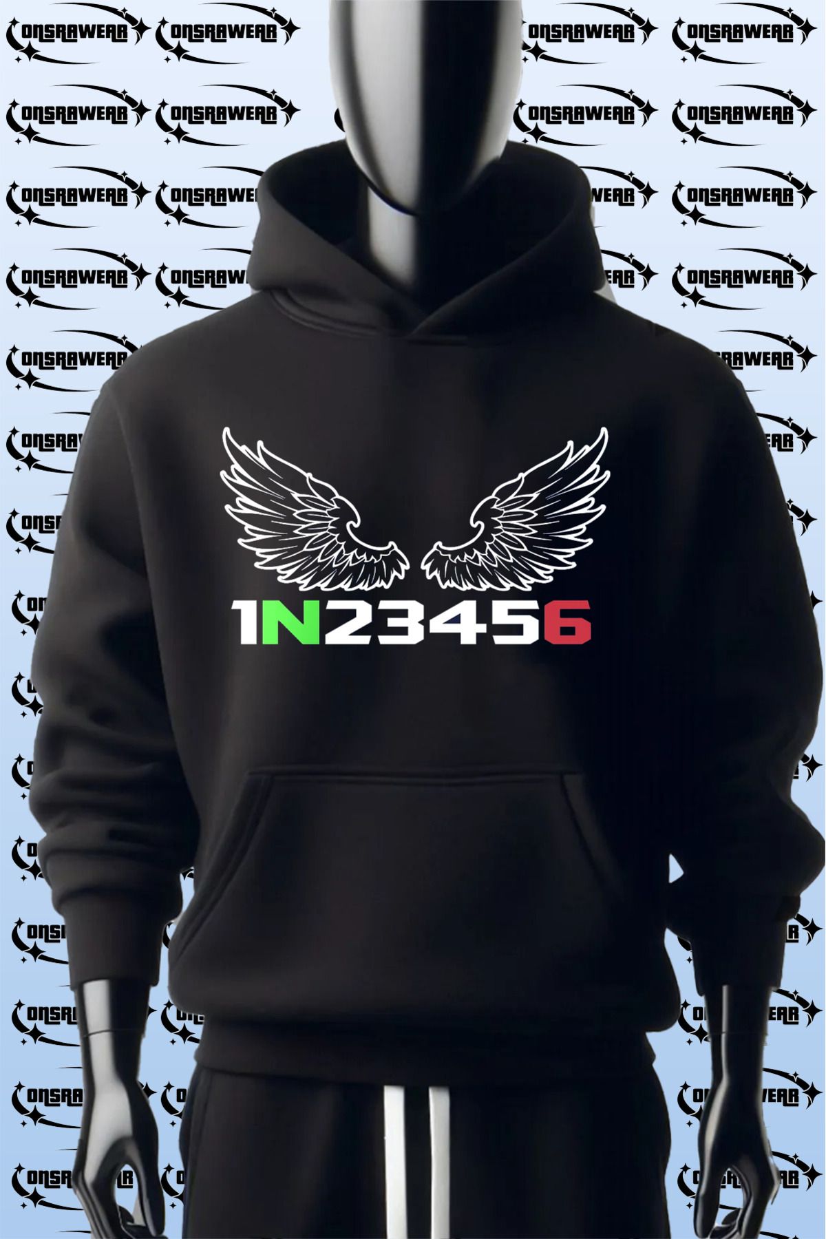 MODA Motorsiklet 1N23456 Vites Geçişleri ve Melek Kanat Baskılı %100 Pamuk Kanguru Cepli Sweatshirt