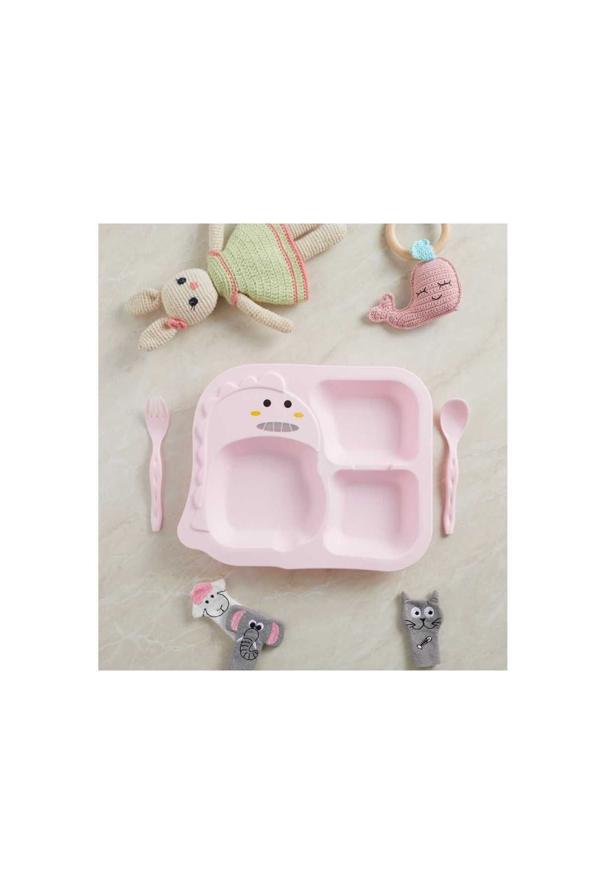 alpmodel Dino Bebek Mama Tableti Kaşık Çatallı 3 Bölmeli 27 Cm Pembe