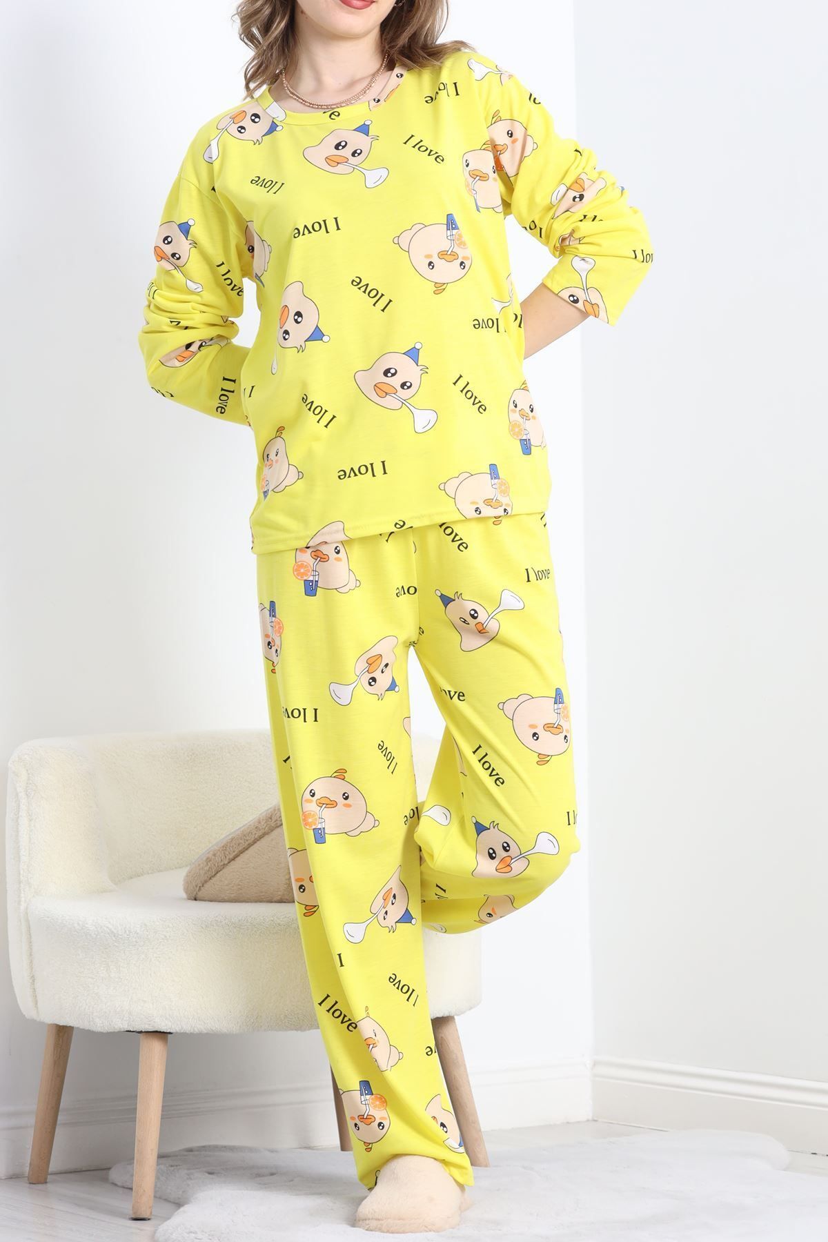 ZenWave Desenli Poliviskon Pijama Takımı Sarı - 818.1287.