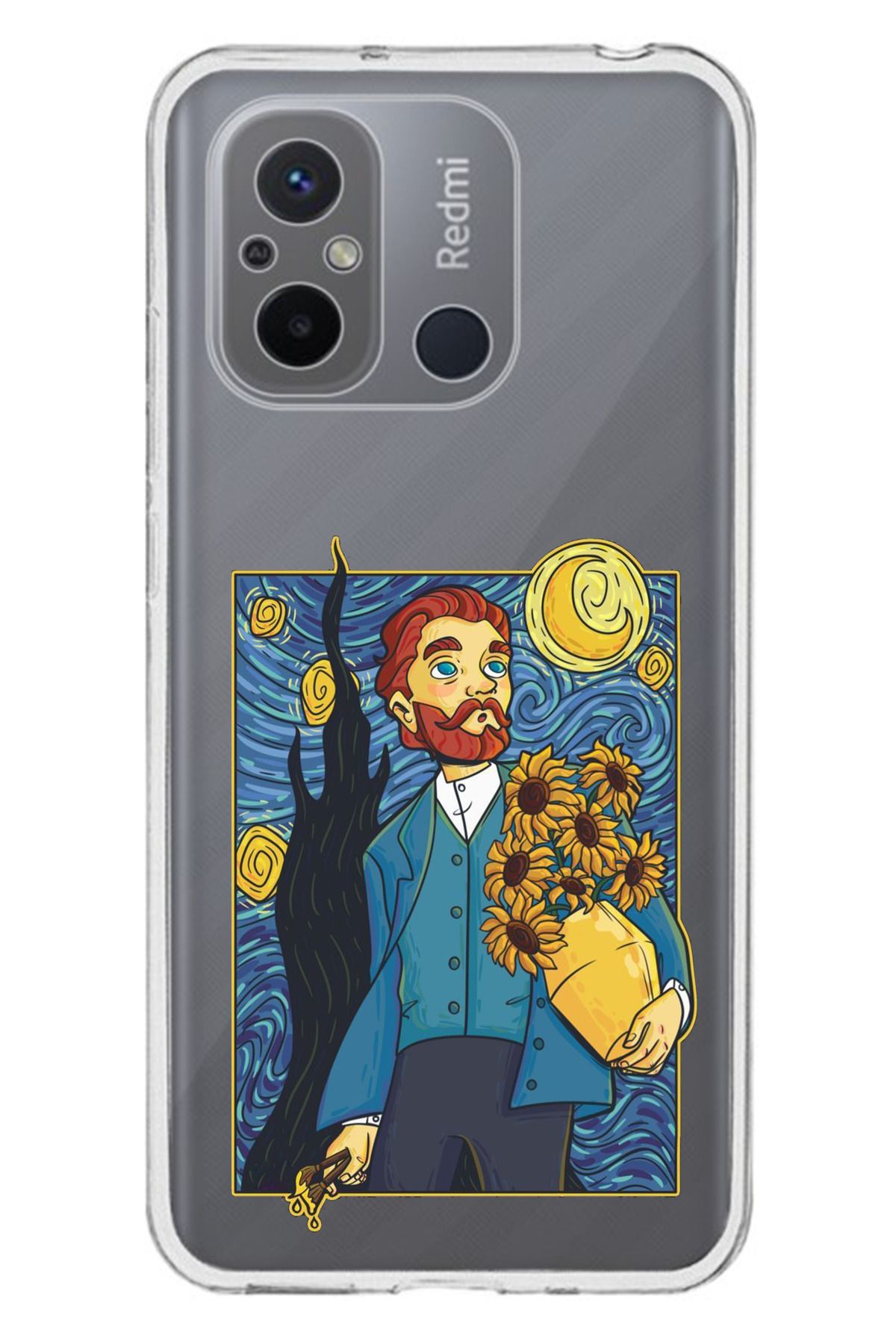 TechTree Redmi 12C Uyumlu Van Gogh Portre Tasarımlı Şeffaf Silikon Kılıf