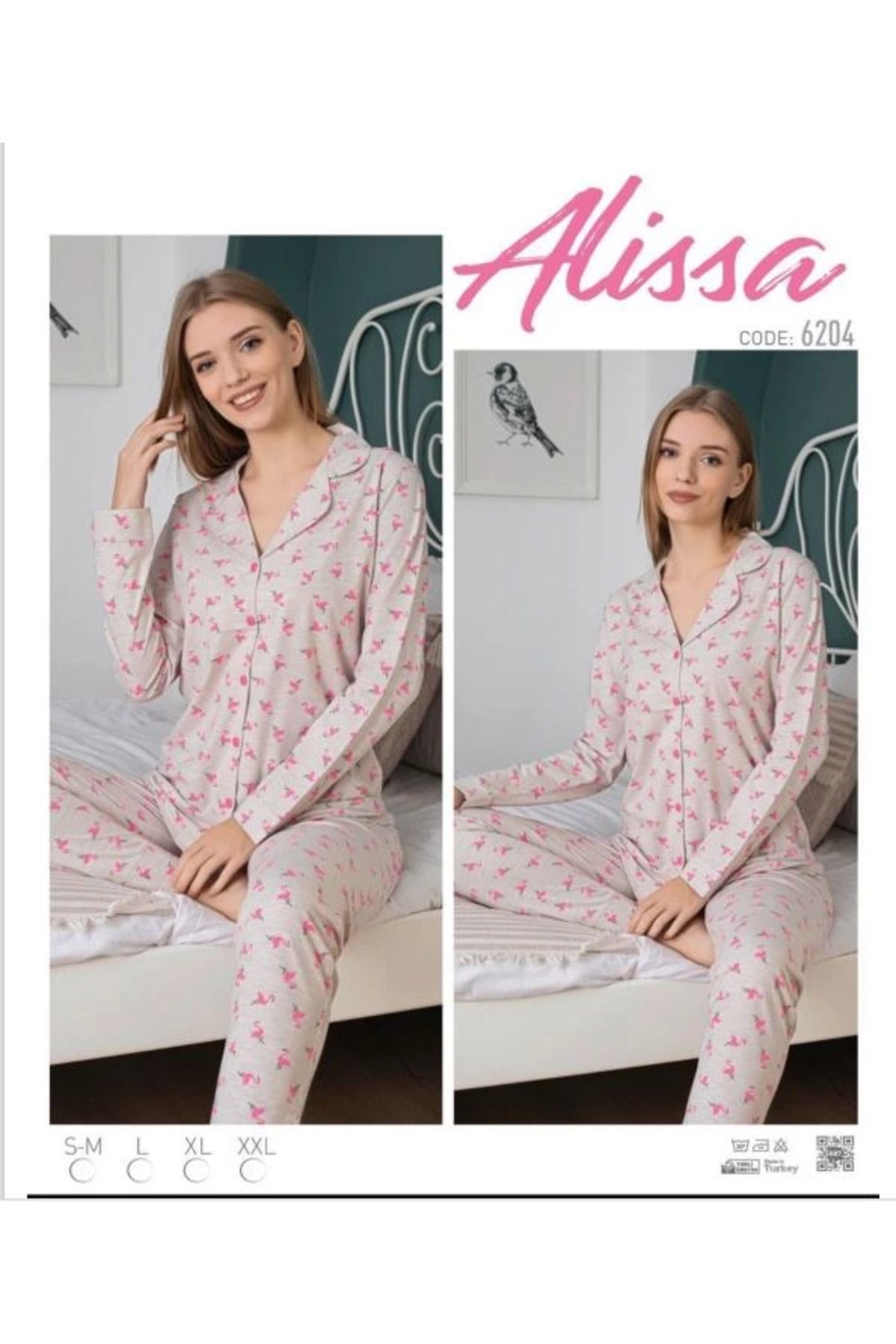 ZenWave BSMA Alissa 6204  Önü Düğmeli Flamingo Desenli Pijama Takımı