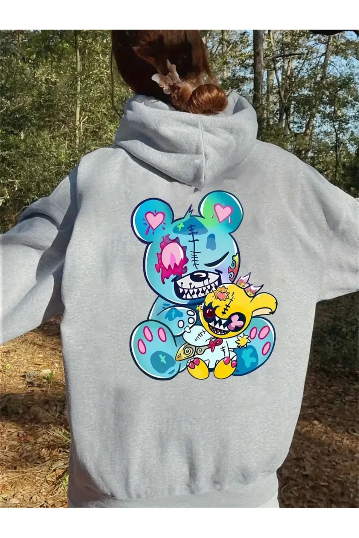 LAND MODA Unisex Siyah Kapüşonlu Karikatür oyuncak ayı Baskılı Sweatshirt