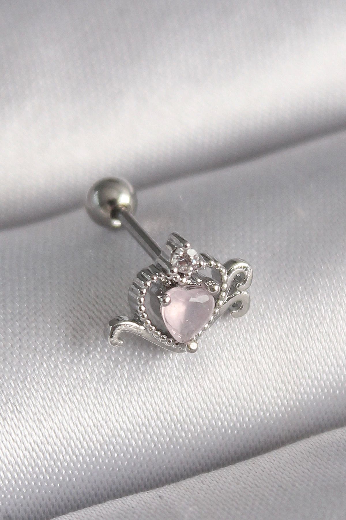 Ekince 316L Çelik Gümüş Renk Pembe Mineli Kalp Zirkon Taş Detay Tragus Piercing