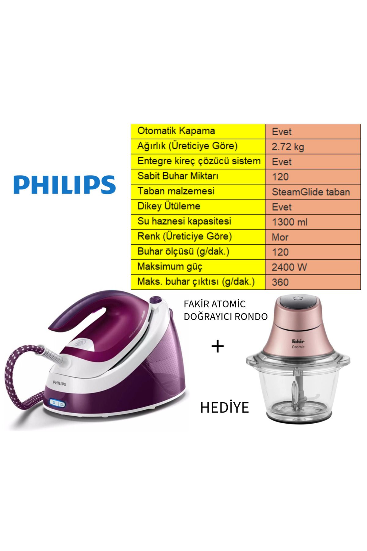 Philips PHİLİPS Buhar Kazanlı Ütü 2 kat daha fazla buharla daha hızlı ütü yapın+fakir rondo hediye