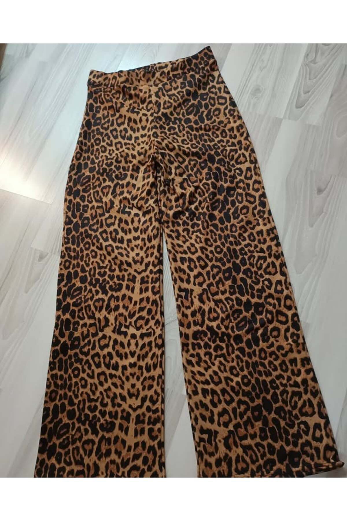 Moda Cilve Palazzo Bol Paça Esnek Ve Likralı Yüksek Bel Kadın Leopar Pantolon