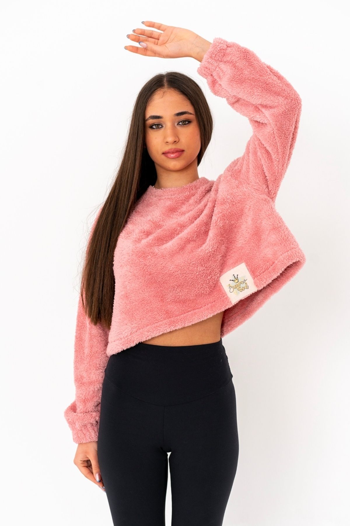 bysezerozer WELSOFT ÇİFT TARAFLI POLAR CROP SWEATSHIRT SLOGANLI OVERSIZE BLUZ