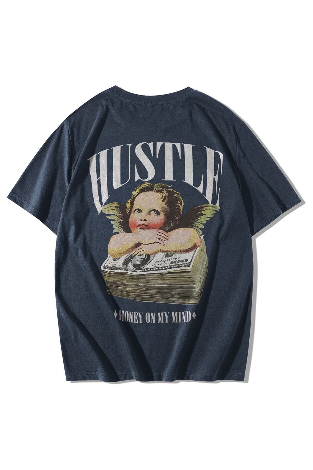 GlowUP Unisex Antrasit Hustle Baskılı Oversize Kısa Kollu Bisiklet Yaka T-shirt