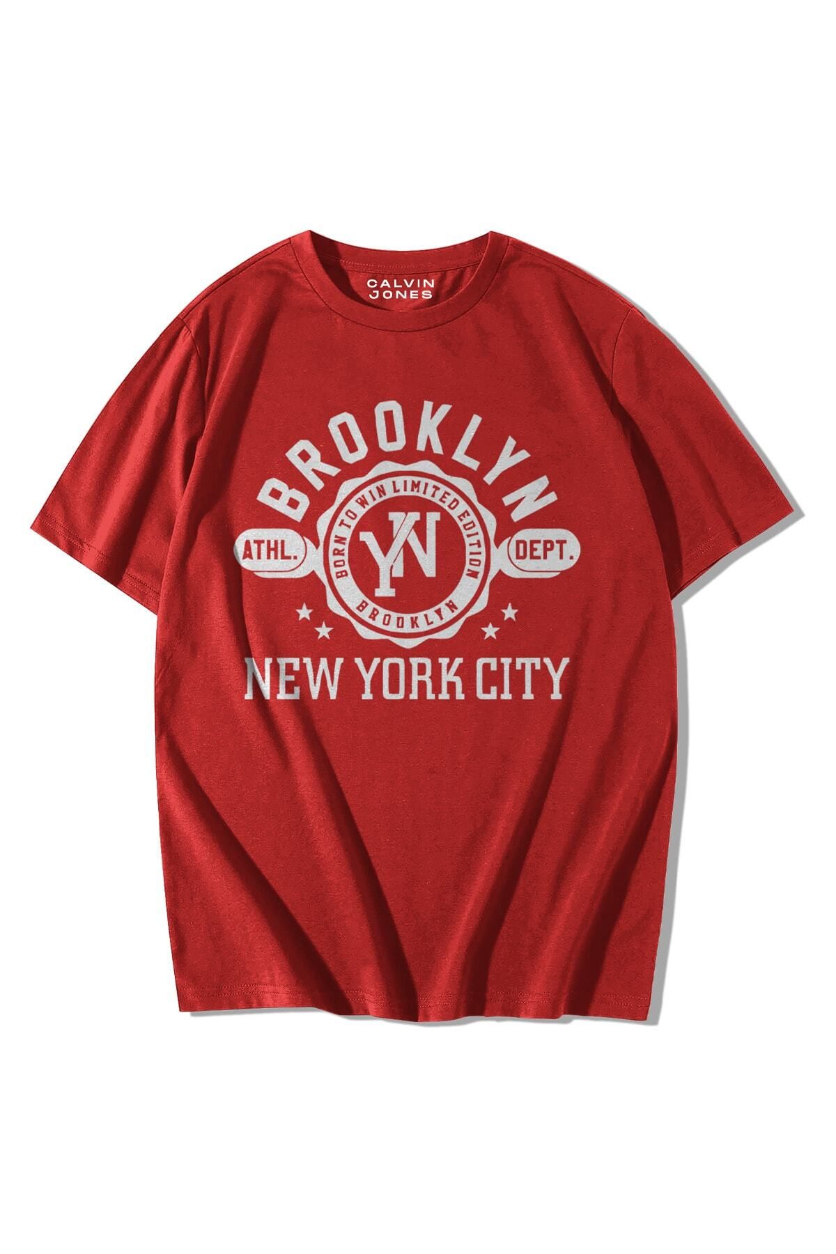 GlowUP Unisex Kırmızı Brooklyn Baskılı Oversize Kısa Kollu Bisiklet Yaka T-shirt