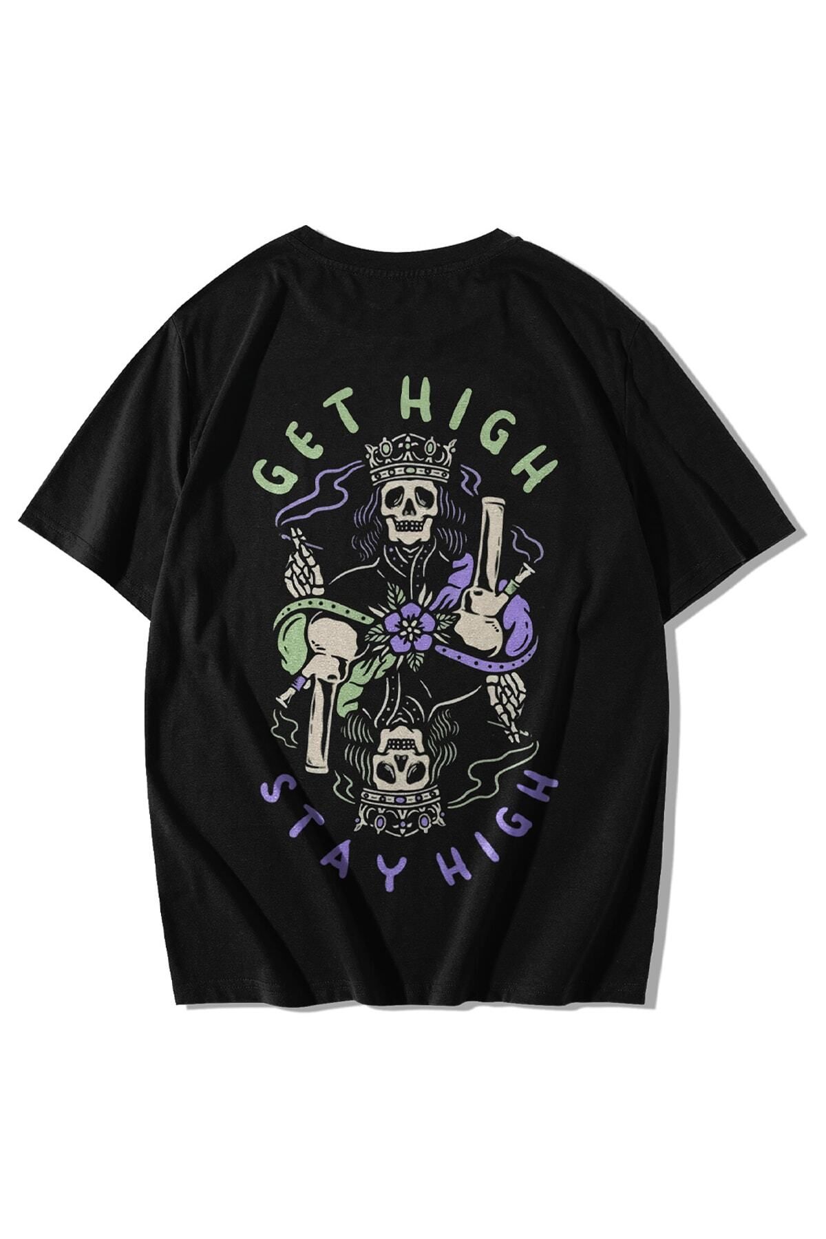 GlowUP Unisex Siyah Get High Stay High Baskılı Oversize Kısa Kollu Bisiklet Yaka T-shirt