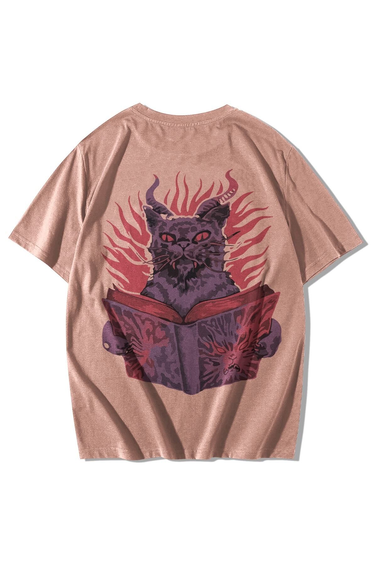 GlowUP Unisex Gül Kurusu Totem Cat Baskılı Oversize Kısa Kollu Bisiklet Yaka T-shirt