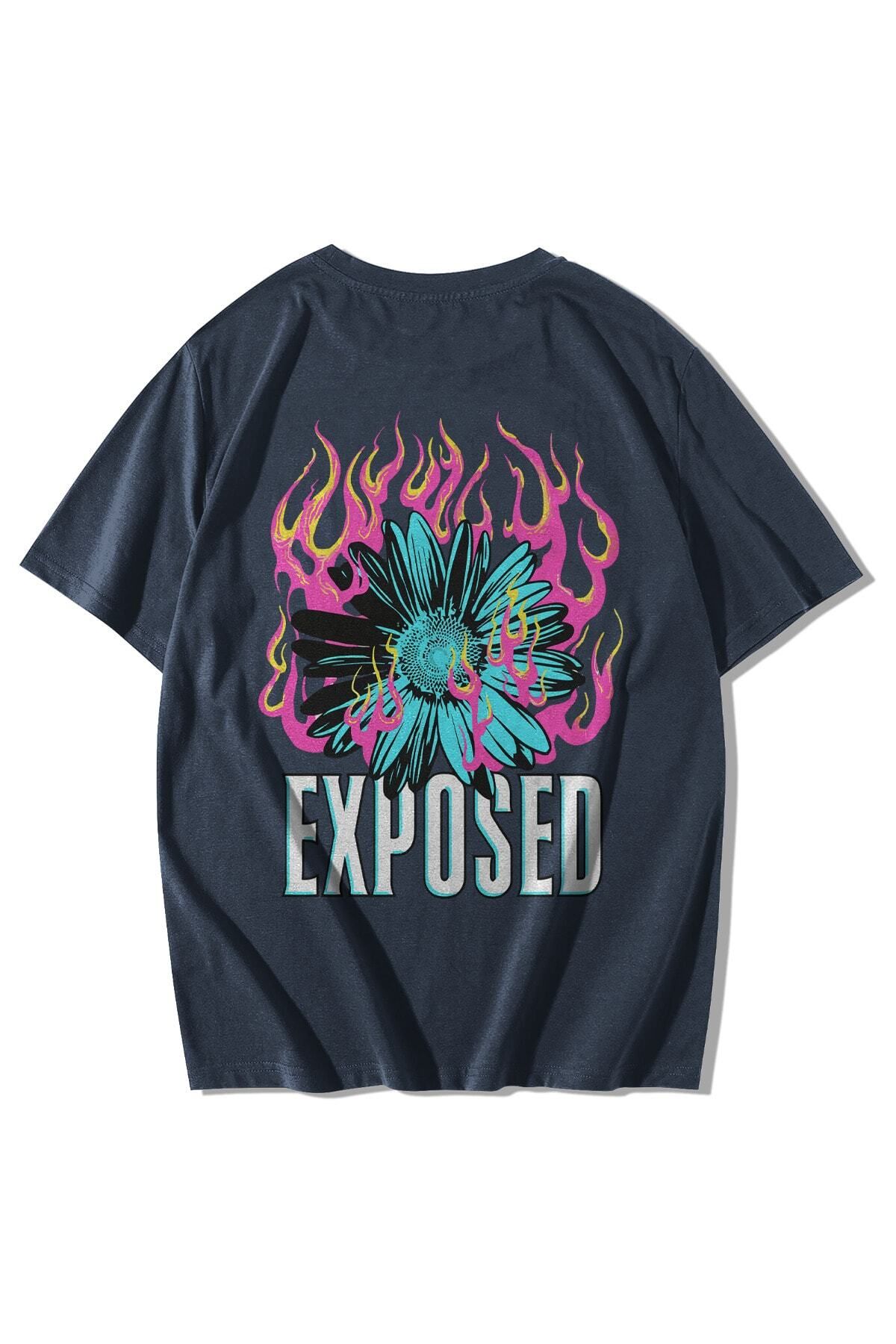 GlowUP Unisex Antrasit Exposed Baskılı Oversize Kısa Kollu Bisiklet Yaka T-shirt