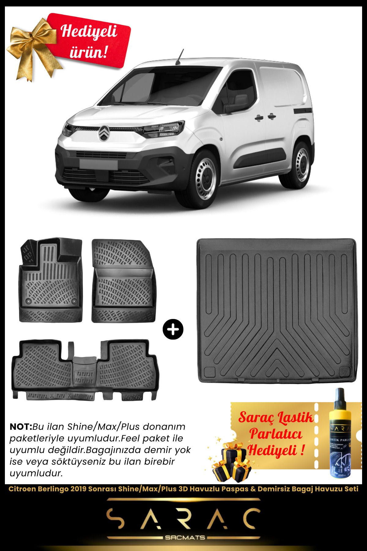 SRCMATS Citroen Berlingo 2019 Sonrası Shine/Max/Plus 3D Havuzlu Paspas & Demirsiz Bagaj Havuzu Seti+HEDİYELİ