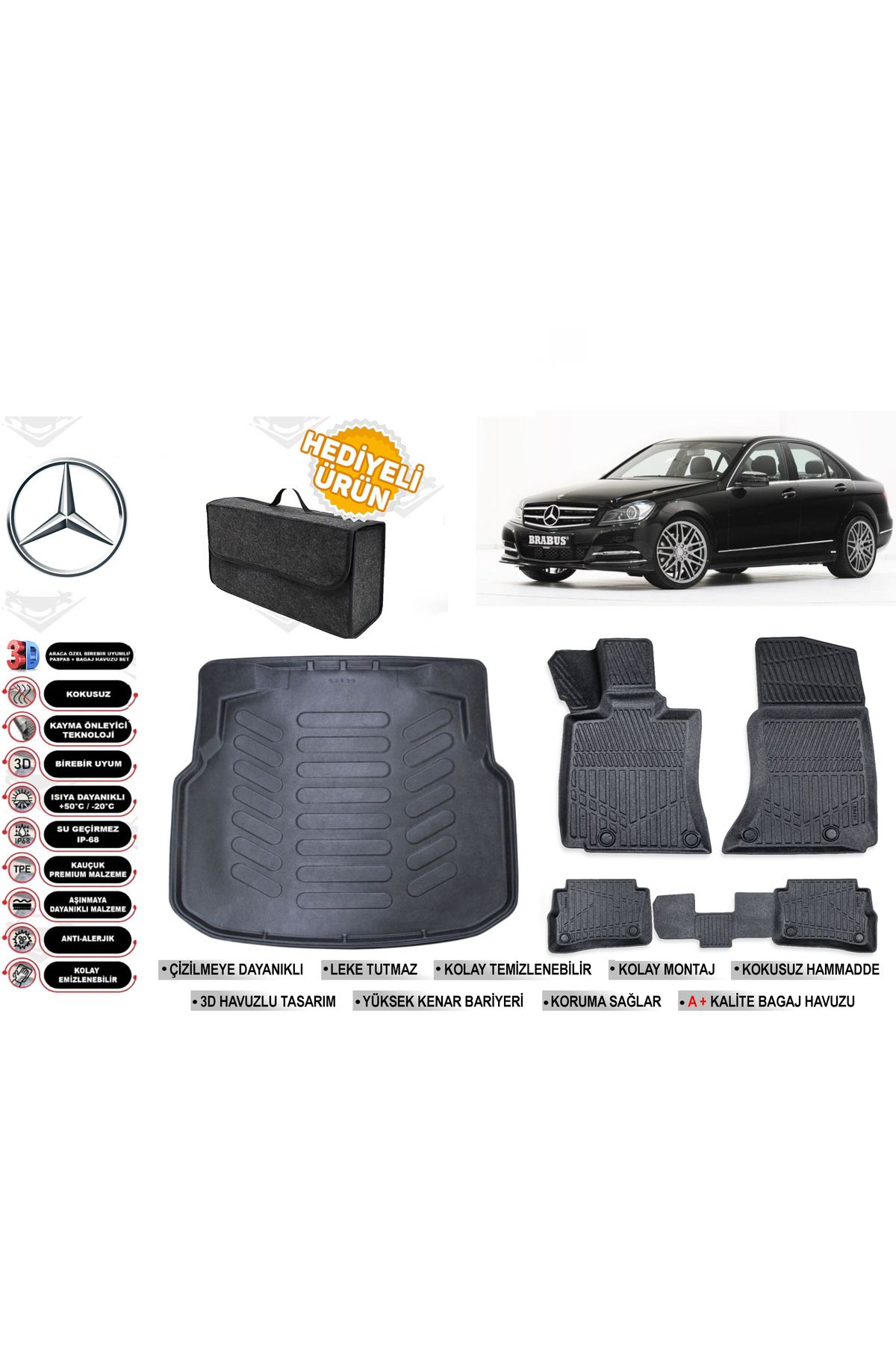 ko kaliteoto Mercedes C Serisi W204 2009 Model Plastik Bagaj Havuzu+Paspas Seti Maximum Serisi Hediyeli