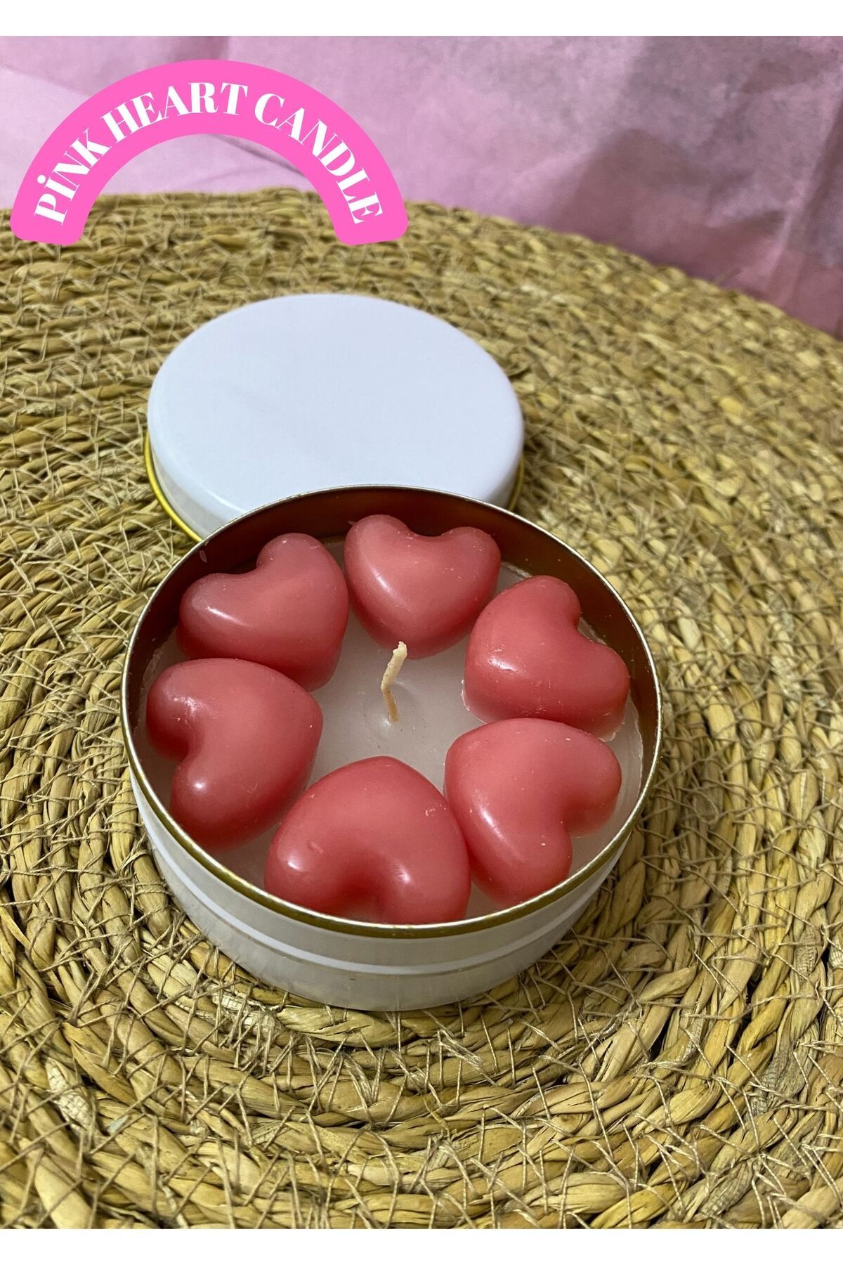 GR CANDLE PİNK HEART CANDLE - PEMBE KALP DESENLİ BEYAZ TENEKE MUM