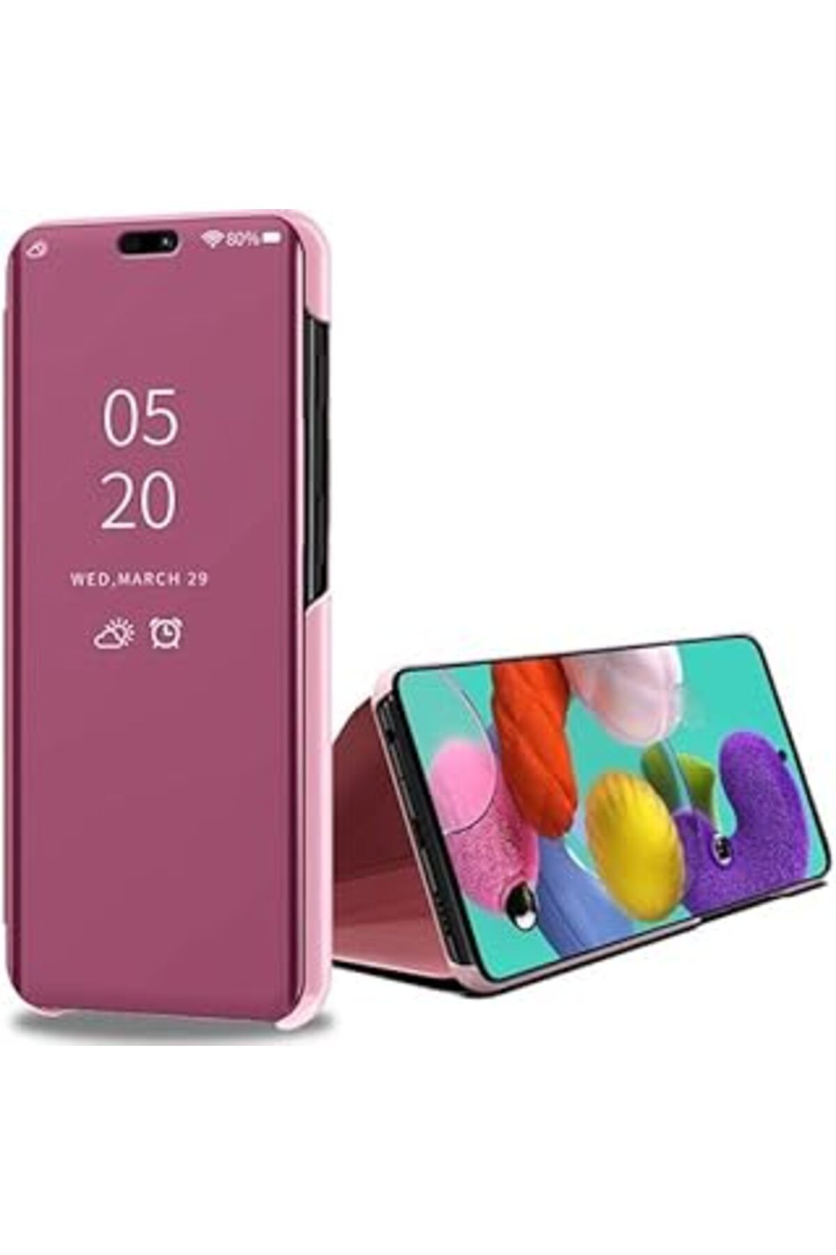 MAGNESİA Galaxy A9 2018 Uyumlu Aynalı Kapaklı Standlı Clear View Kılıf (Pembe)