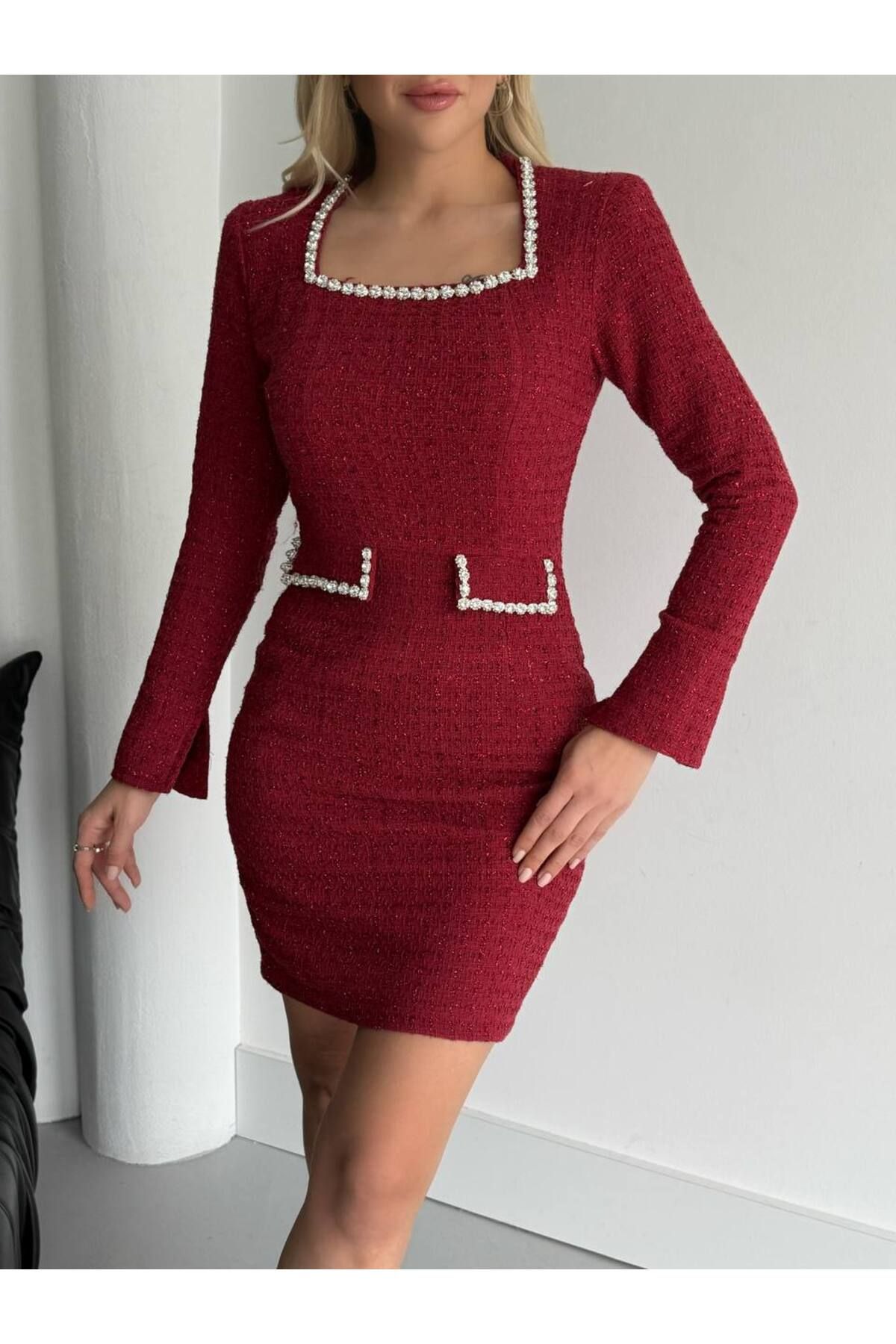 1Moda1Tarz-Women's Red Neckline and Pocket Stonework Special Design Lined Midi Dress 3