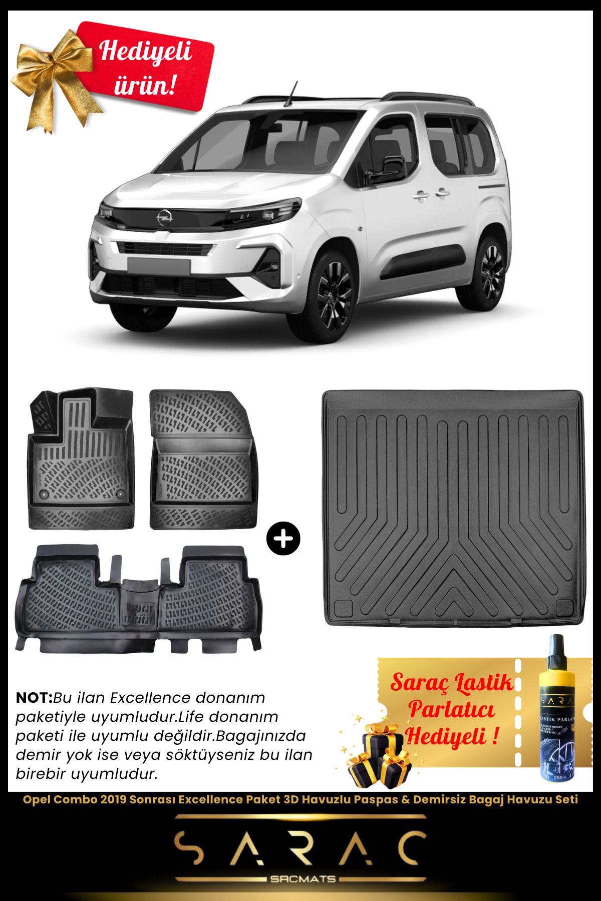 SRCMATS Opel Combo 2019 Sonrası Excellenc Paket 3D Havuzlu Paspas & Demirsiz Bagaj Havuzu Seti+(HEDİYELİ!)