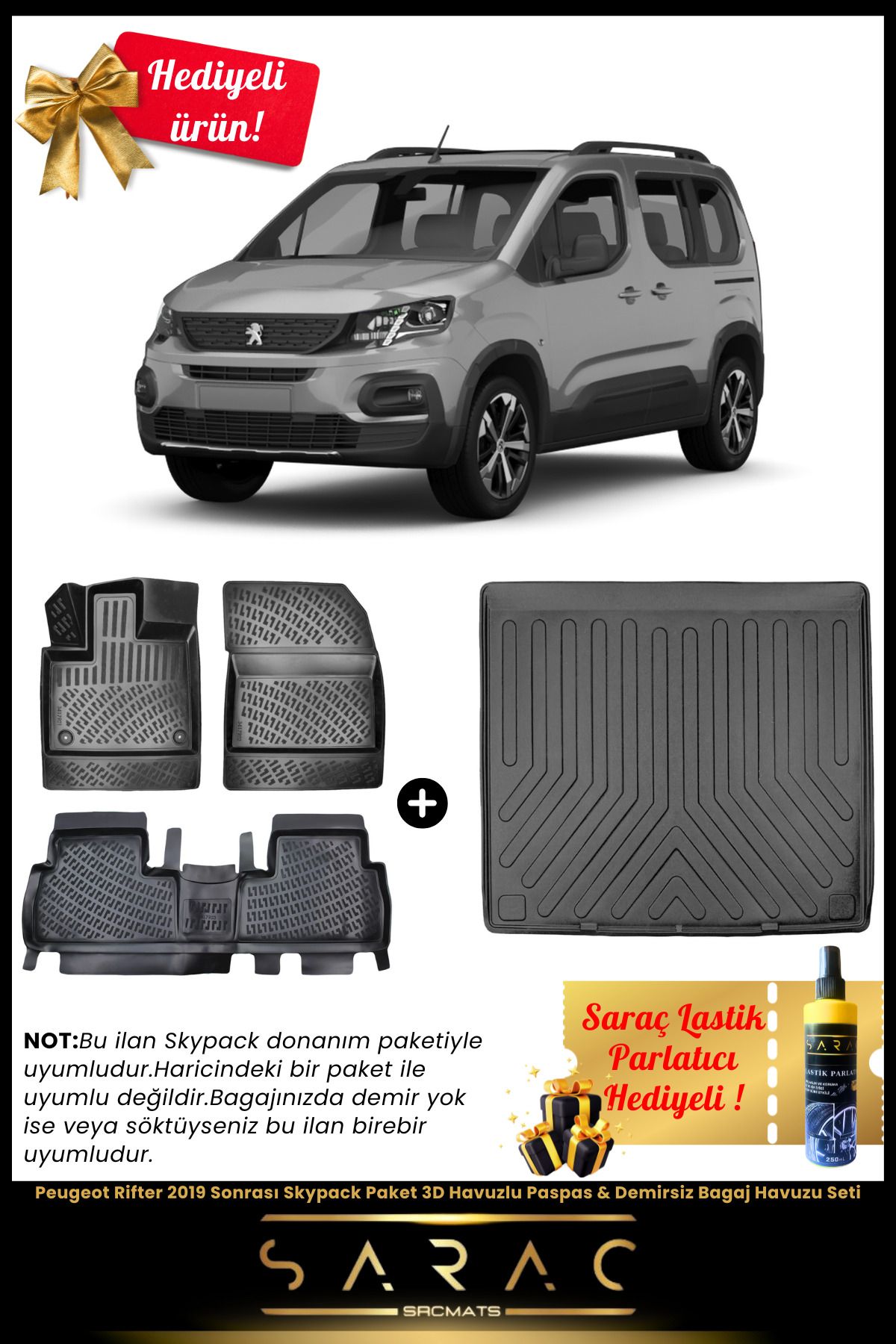 SRCMATS Peugeot Rifter 2019 Sonrası Skypack Paket 3D Havuzlu Paspas & Demirsiz Bagaj Havuzu Seti+(HEDİYELİ!)