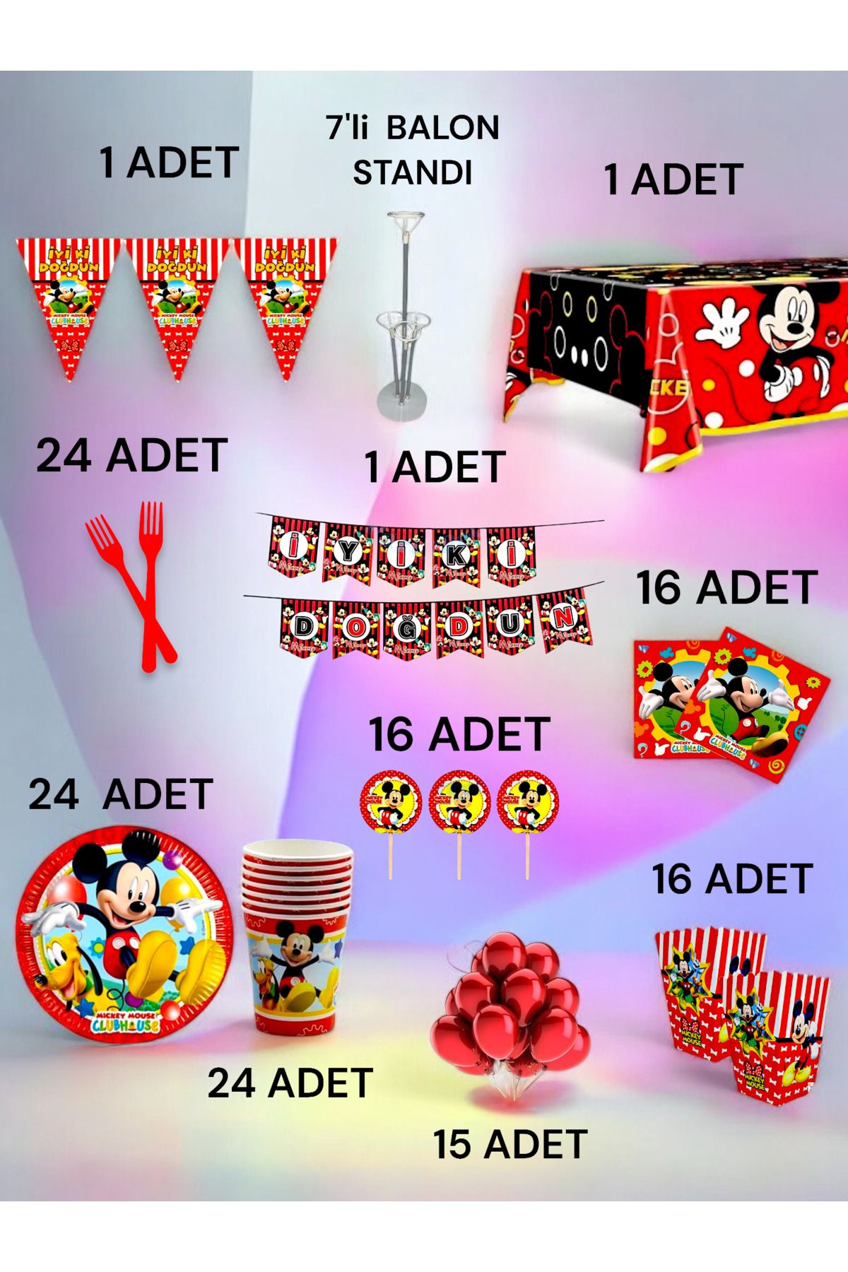 VibeHome 24 Kişilik Mickey Mouse Temalı 2Xl Paket - Doğum Günü Parti ve Eğlenceli Etkinlikler