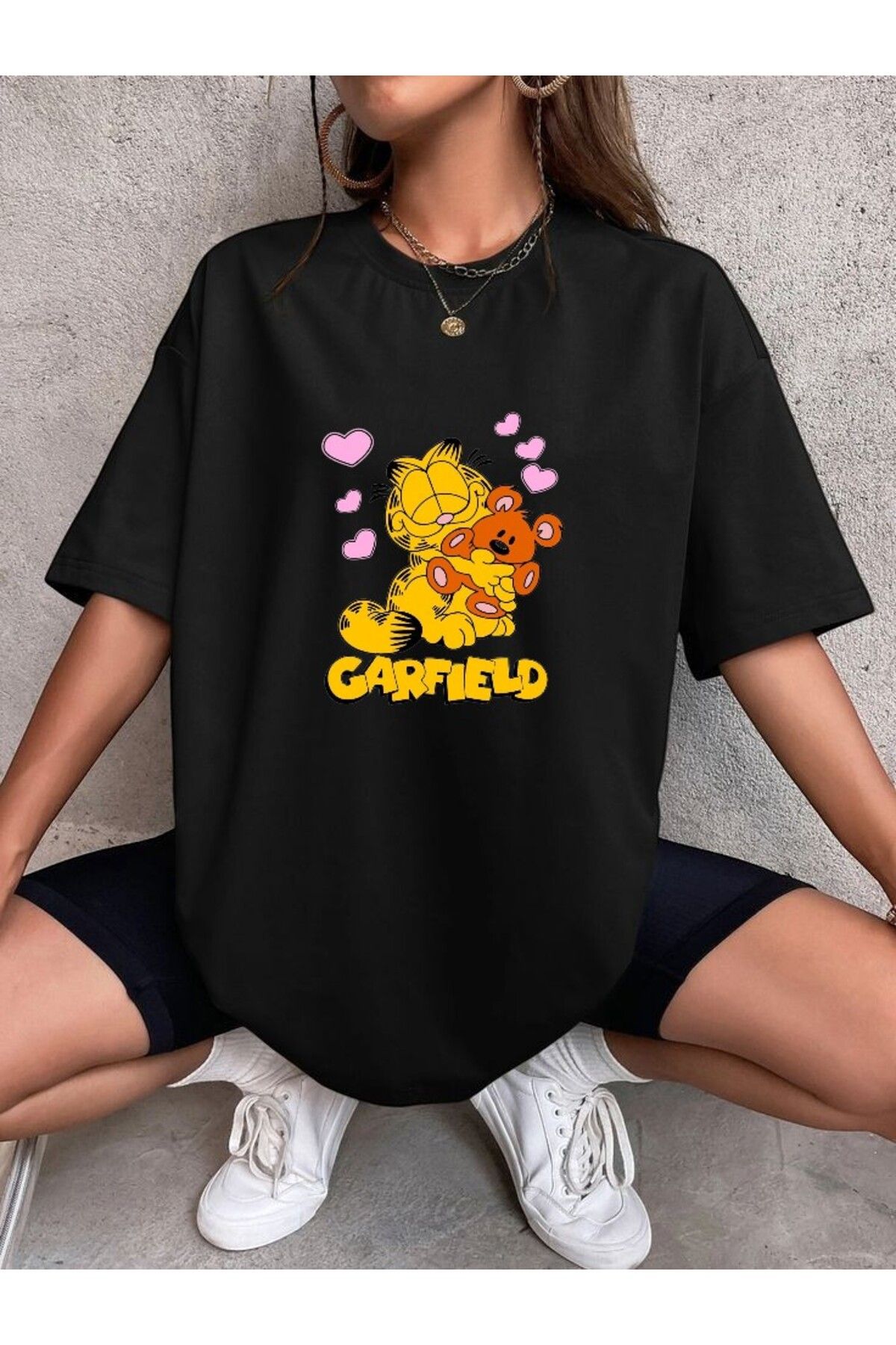 BLACKUMAY Garfield kalp Baskılı Oversize Bisiklet Yaka T-shirt