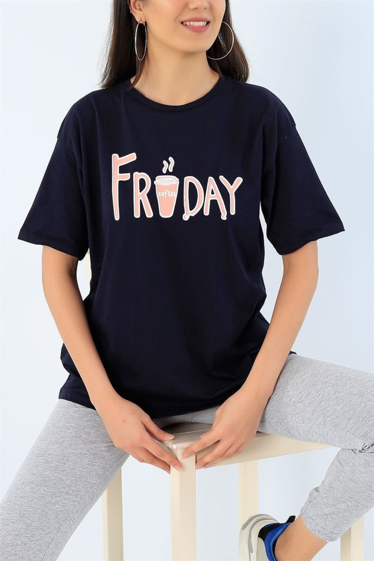 BLACKUMAY Friday Baskılı Oversize Bisiklet Yaka T-shirt