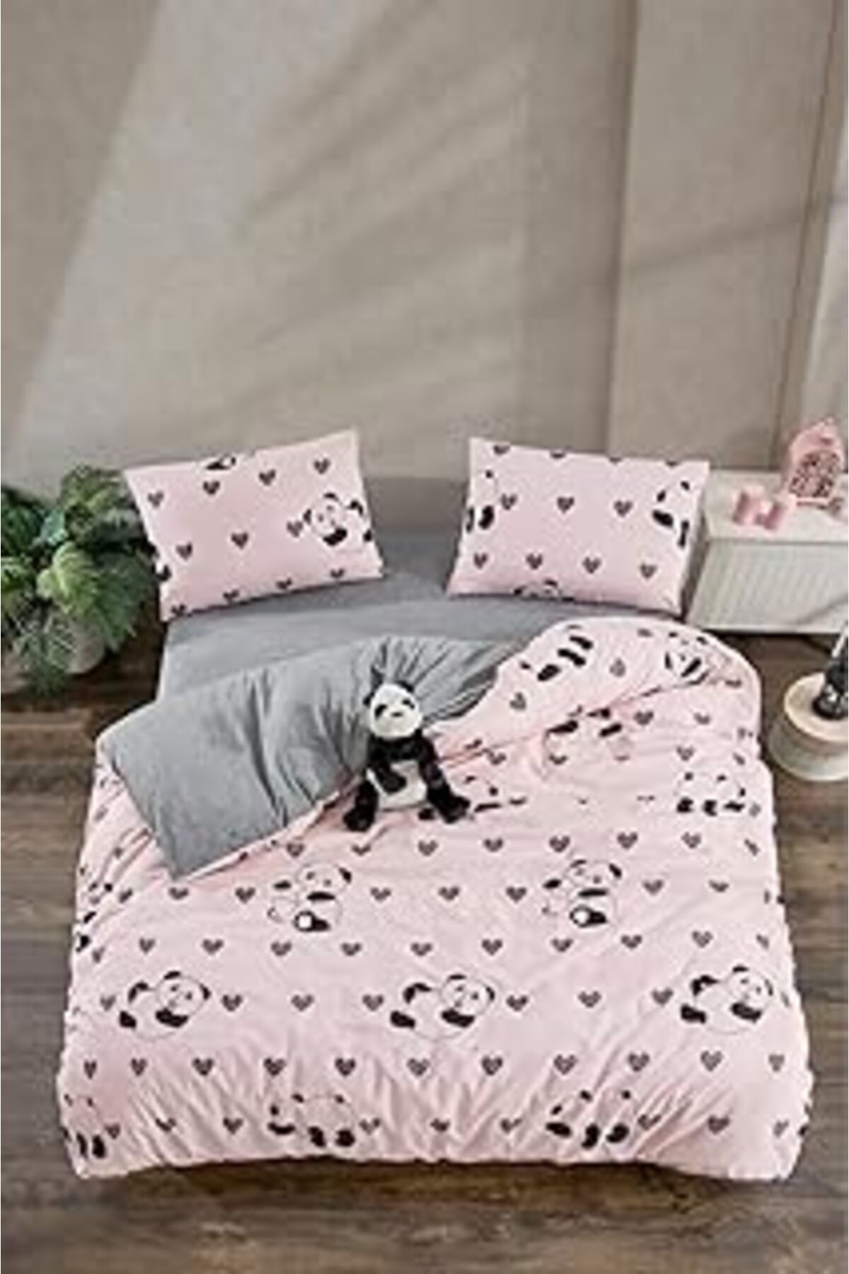 ShopZum Hexra Çift Kişilik Pembe Panda Desenli Nevresim Takımı Hexra Pembe Panda Aşki 160 X 200