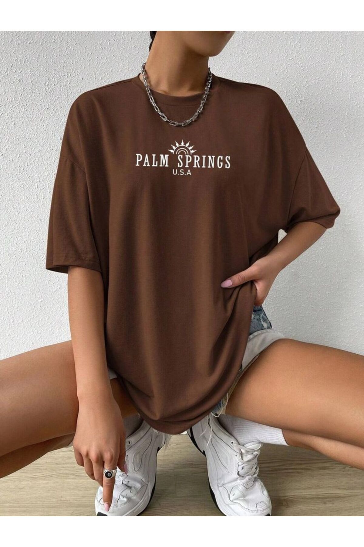 BLACKUMAY Palm Sprıngs Baskılı Oversize Bisiklet Yaka T-shirt