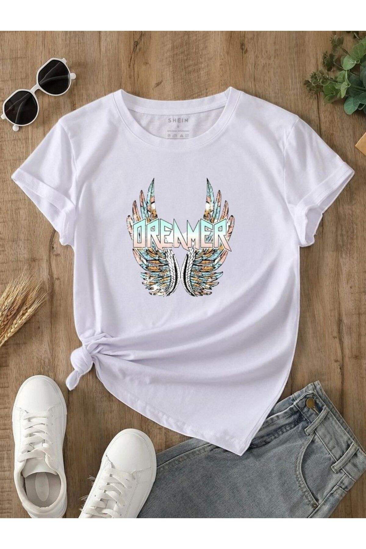 BLACKUMAY Dreammer Kelebek Baskılı Pamuklu Oversize Bisiklet Yaka T-shirt