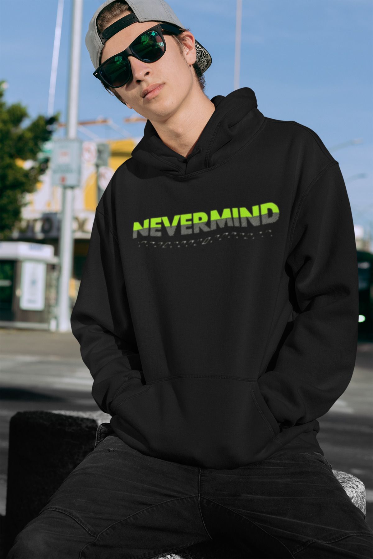 NEVERMIND Unisex Nevermind Yazı Baskılı Oversize Baskılı Kapşonlu Sweatshirt 3 Iplik