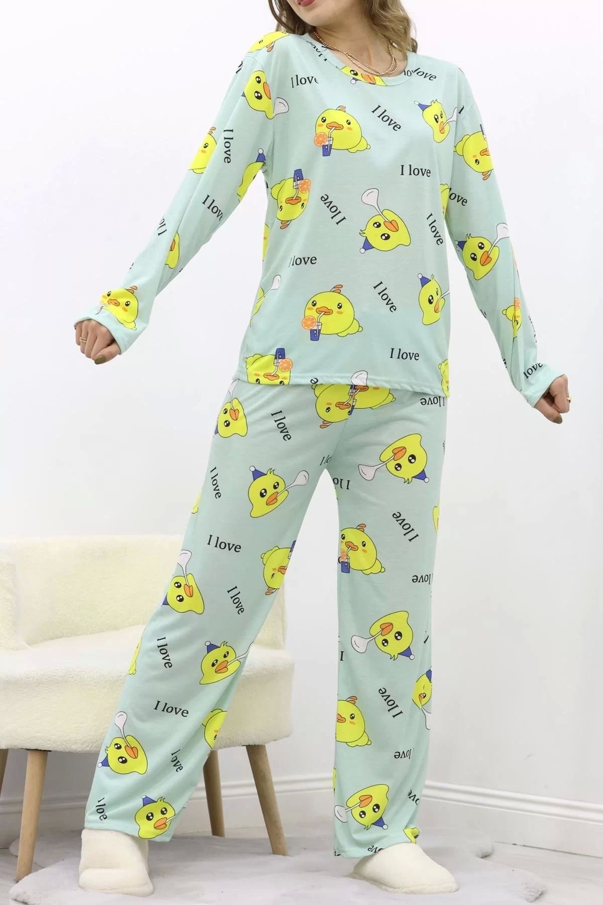 KAZAX Desenli Poliviskon Pijama Takımı Mintyeşili - 818.1287.