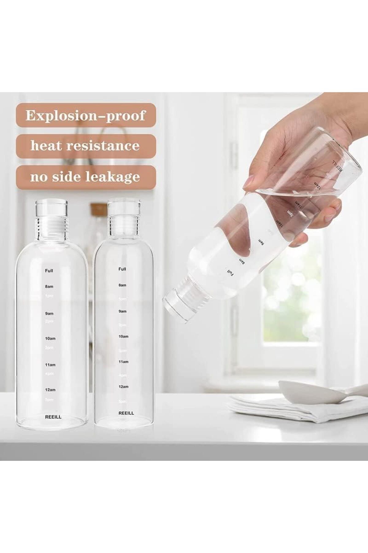 Home Zone-750ml Water Bottles with Time Marker Reusable Clear Glass Drinking Bottles 5