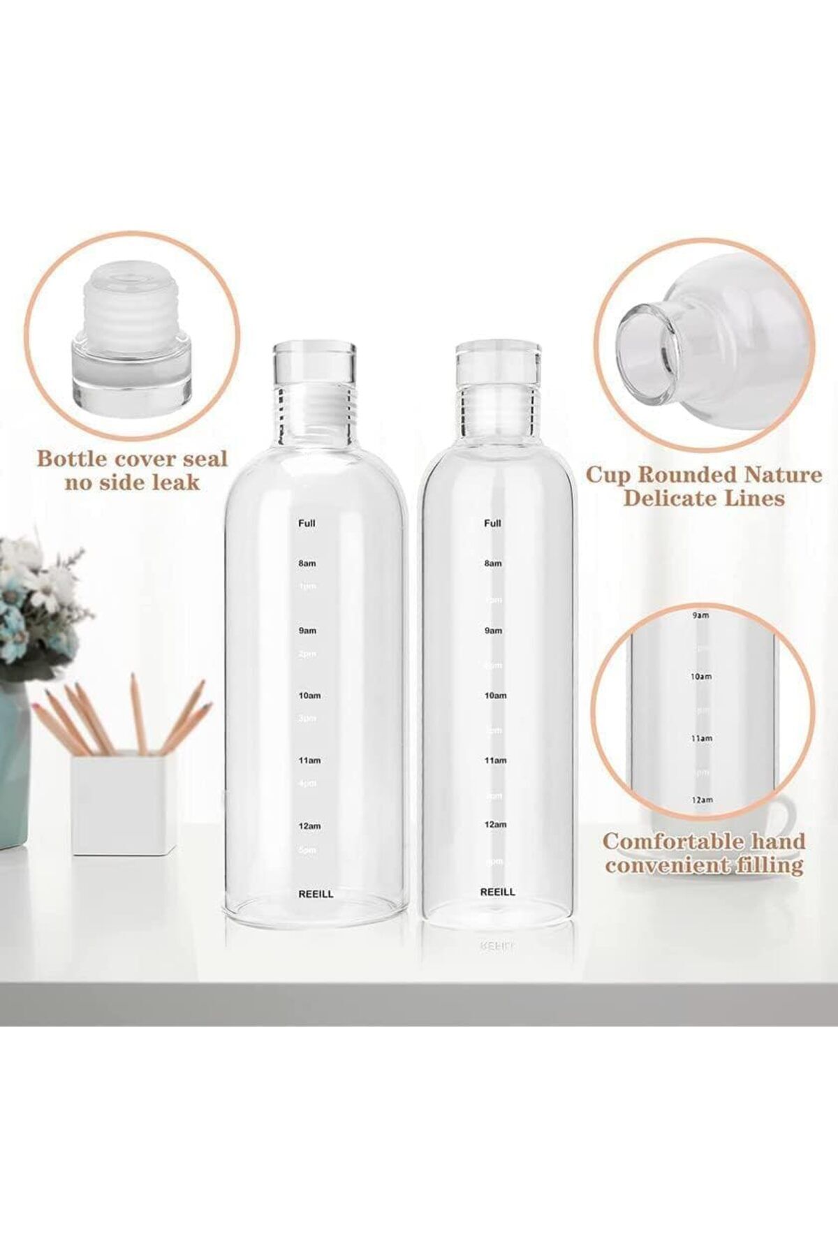 Home Zone-750ml Water Bottles with Time Marker Reusable Clear Glass Drinking Bottles 4