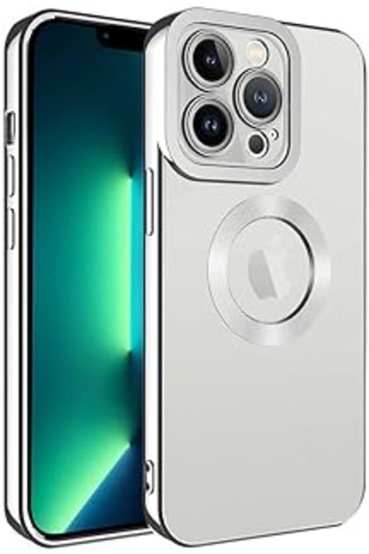 MAGNESİA Eloen Iphone 14 Pro Uyumlu Kılıf Kamera Lens Korumalı Orta Logo Gösterir Halkalı Şeffaf Kapak (Gümü