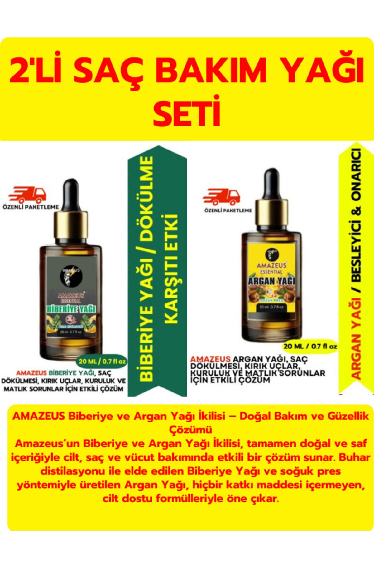 Amazeus BİBERİYE VE ARGAN YAĞI İKİLİSİ – %100 SAF, DOĞAL, SOĞUK PRES VE VEGAN BAKIM SETİ (2X20 ML)