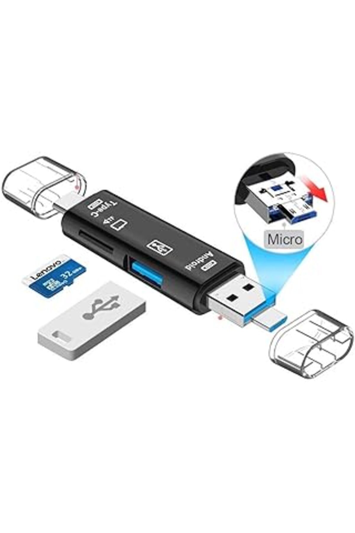 nerede bulurum 3 İN1 Yüksek Hızlı Kart Okuyucu, Usb 3.0, Usb Type-C, Micro Usb, Micro Sd Uyumlu, Card Reader,Siyah