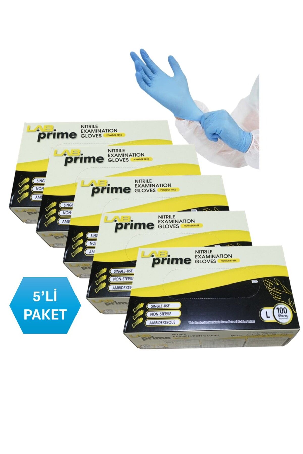 LabPrime Çok Amaçlı Nitril Eldiven Pudrasız Mavi -gıdaya Uygun---- L Beden ---- 5 Adet X 100'lü Paket