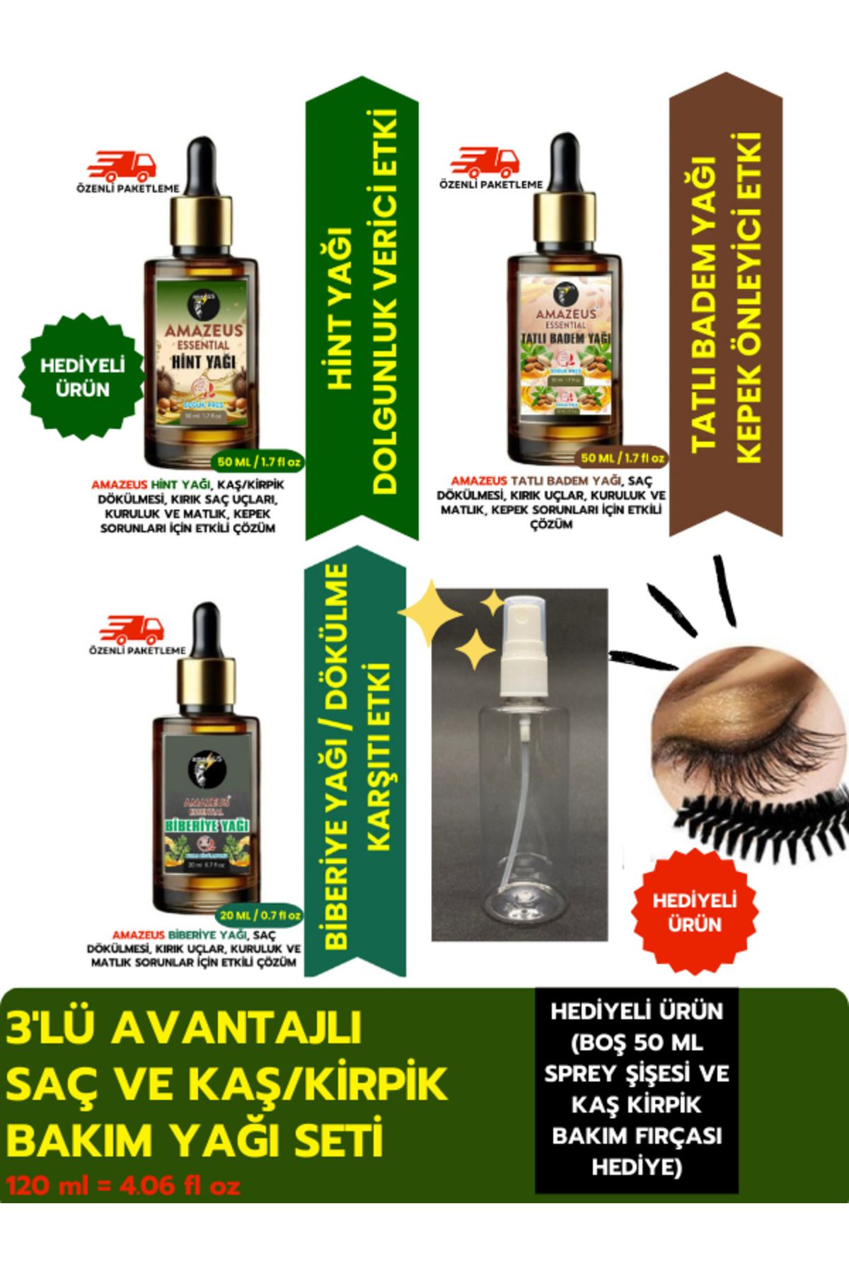 Amazeus HİNT 50 ML, TATLI BADEM 50 ML, BİBERİYE 20 ML BİTKİSEL YAĞ SETİ %100 SAF (HEDİYELİ ÜRÜN)