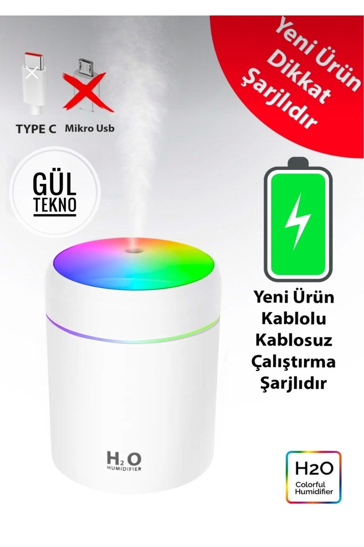 GÜLTECH Şarjlı Hava Nemlendirici Araç ofis İş yeri 300ml ultrasonik Koku Bombası