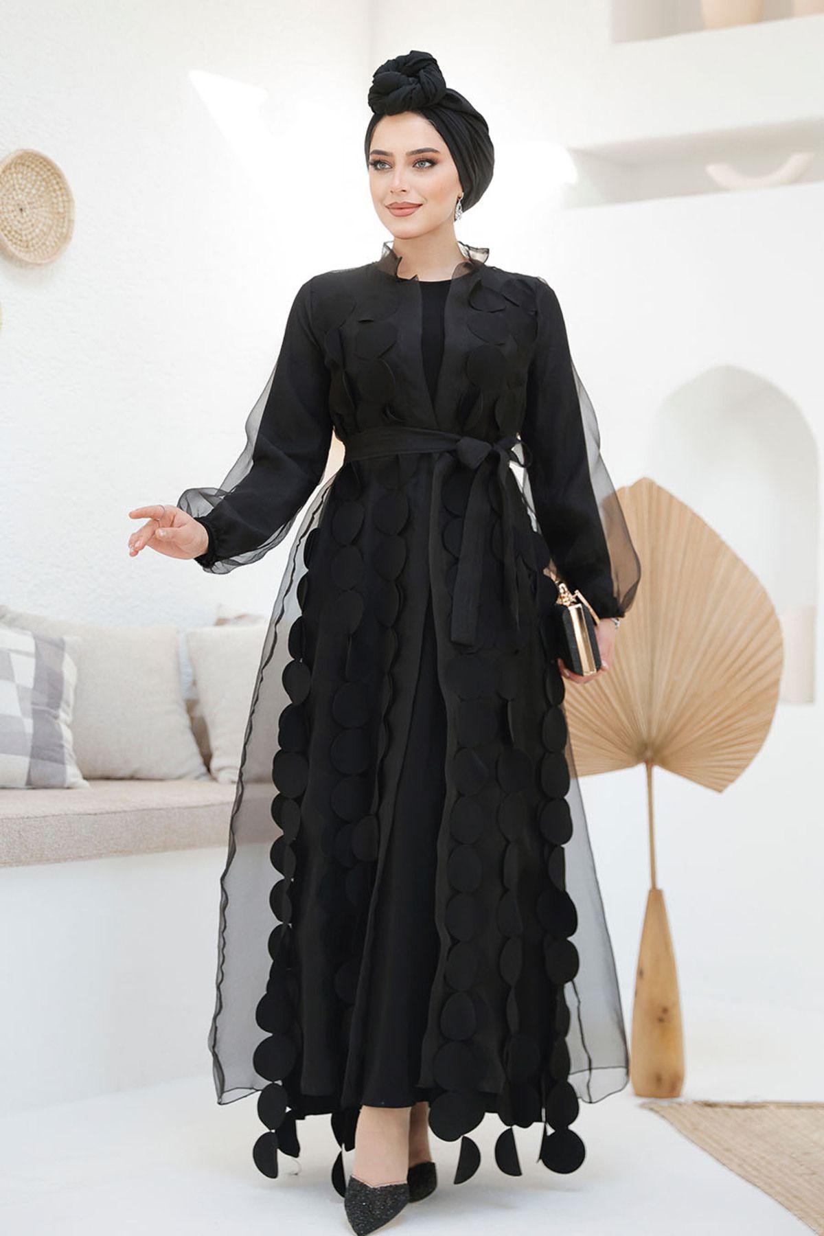 Neva Style Kemerli Siyah Tesettür Abaya 4655S